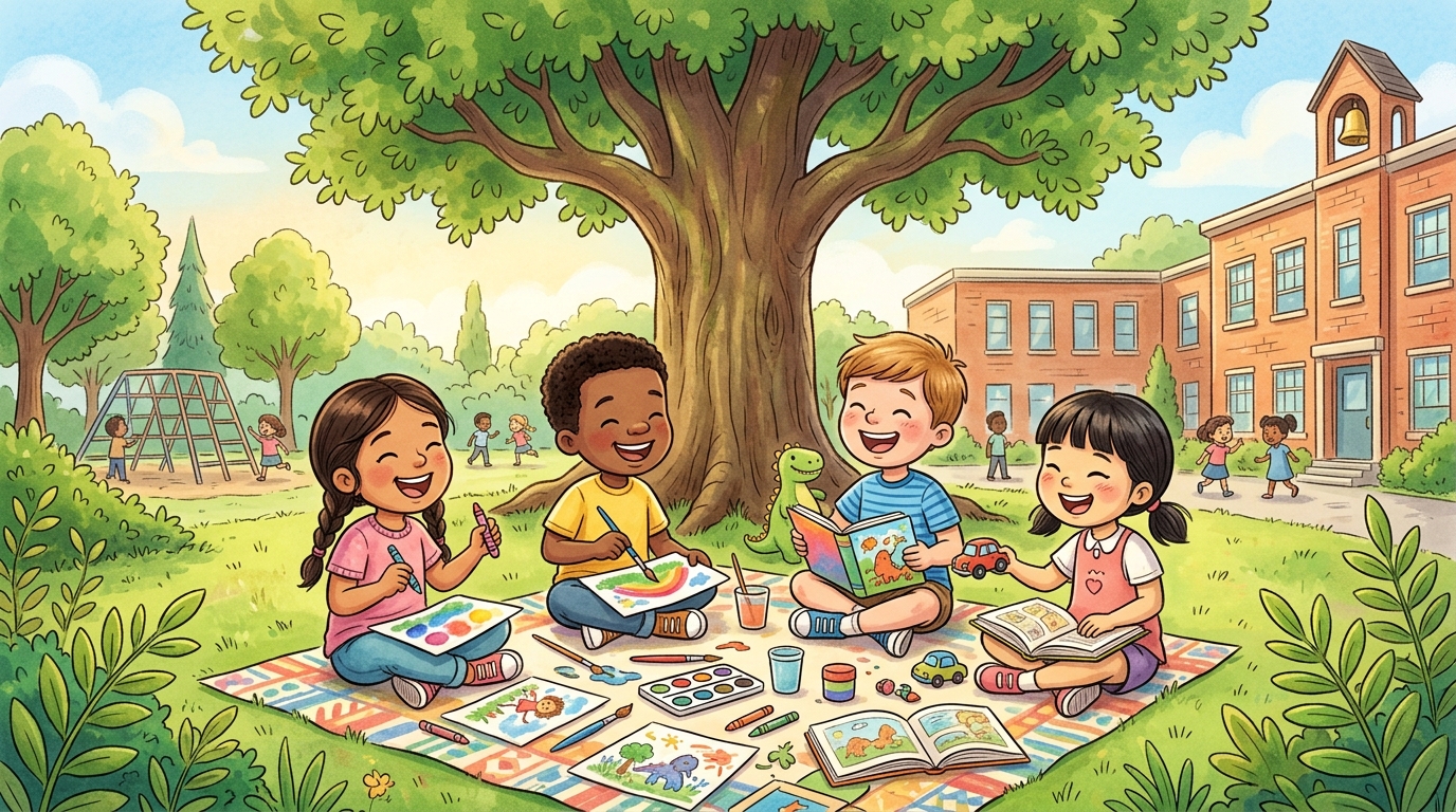 Niños de diversas culturas y etnias compartiendo juntos en armonía